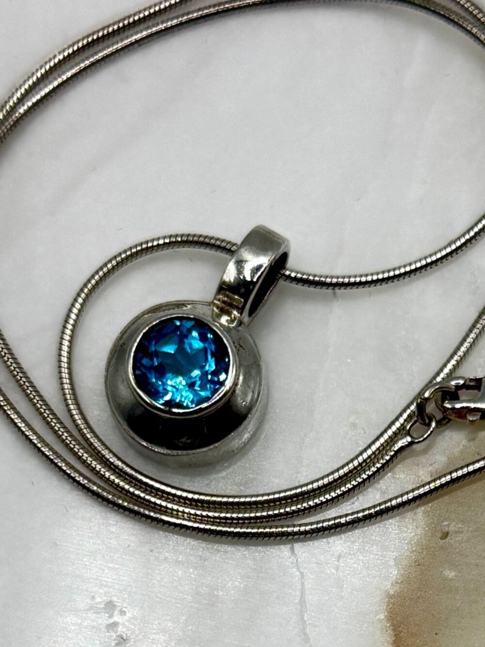 Sterling Silver Snake Chain Necklace with Blue Topaz Pendant, 16"